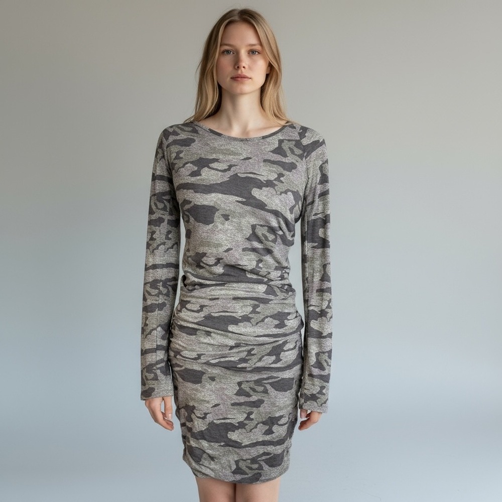 MONROW Revolve Women's Camo Long Sleeve Ruched Mini-Midi Dress‎ Work Party Small